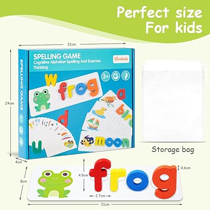 Wooden Alphabet Spelling Game - Letter Blocks & Double-Sided Flashcards