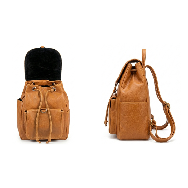 Brown Genuine Leather Backpack – Drawstring Closure with Clip Flap Design