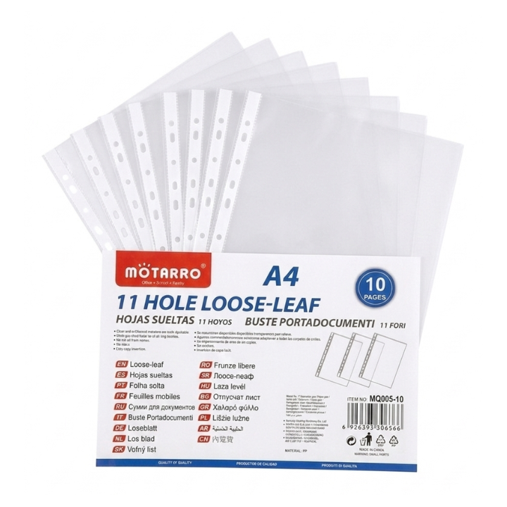 Motarro A4 Loose Leaf Paper – 11 Hole Punch Binder Refill (10 Pack / 100 Pack)