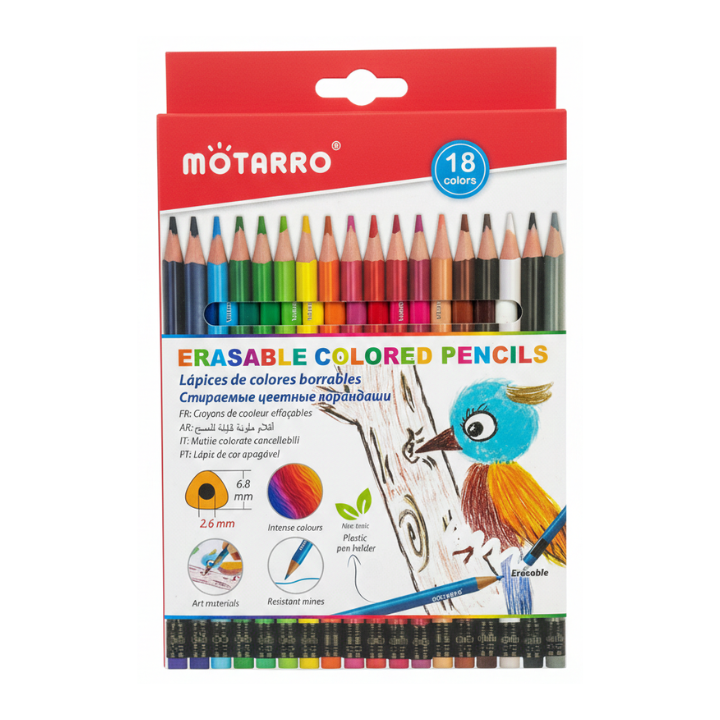 Motarro Erasable Colour Pencils – 18 Piece Set with Built-In Erasers