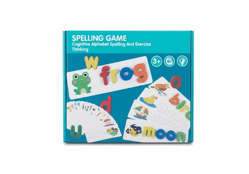 Wooden Alphabet Spelling Game - Letter Blocks & Double-Sided Flashcards