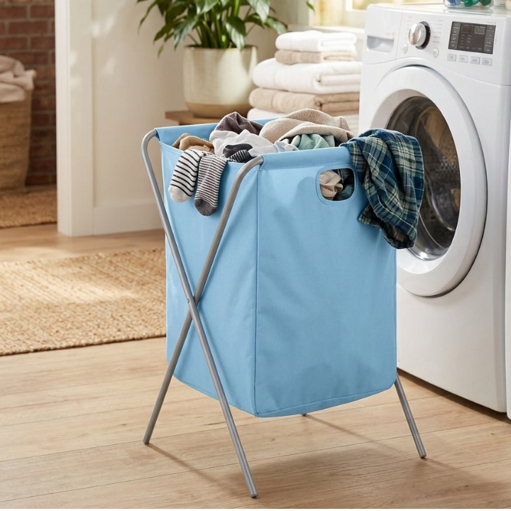 Folding Laundry Basket with Aluminium Frame – Collapsible Clothes Hamper (Sky Blue, Space Saving)