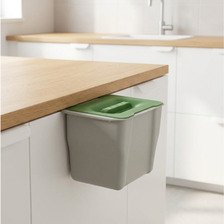 5L Hanging Kitchen Bin with Lid – Grey Plastic Cupboard Door Waste Bin (No Installation)