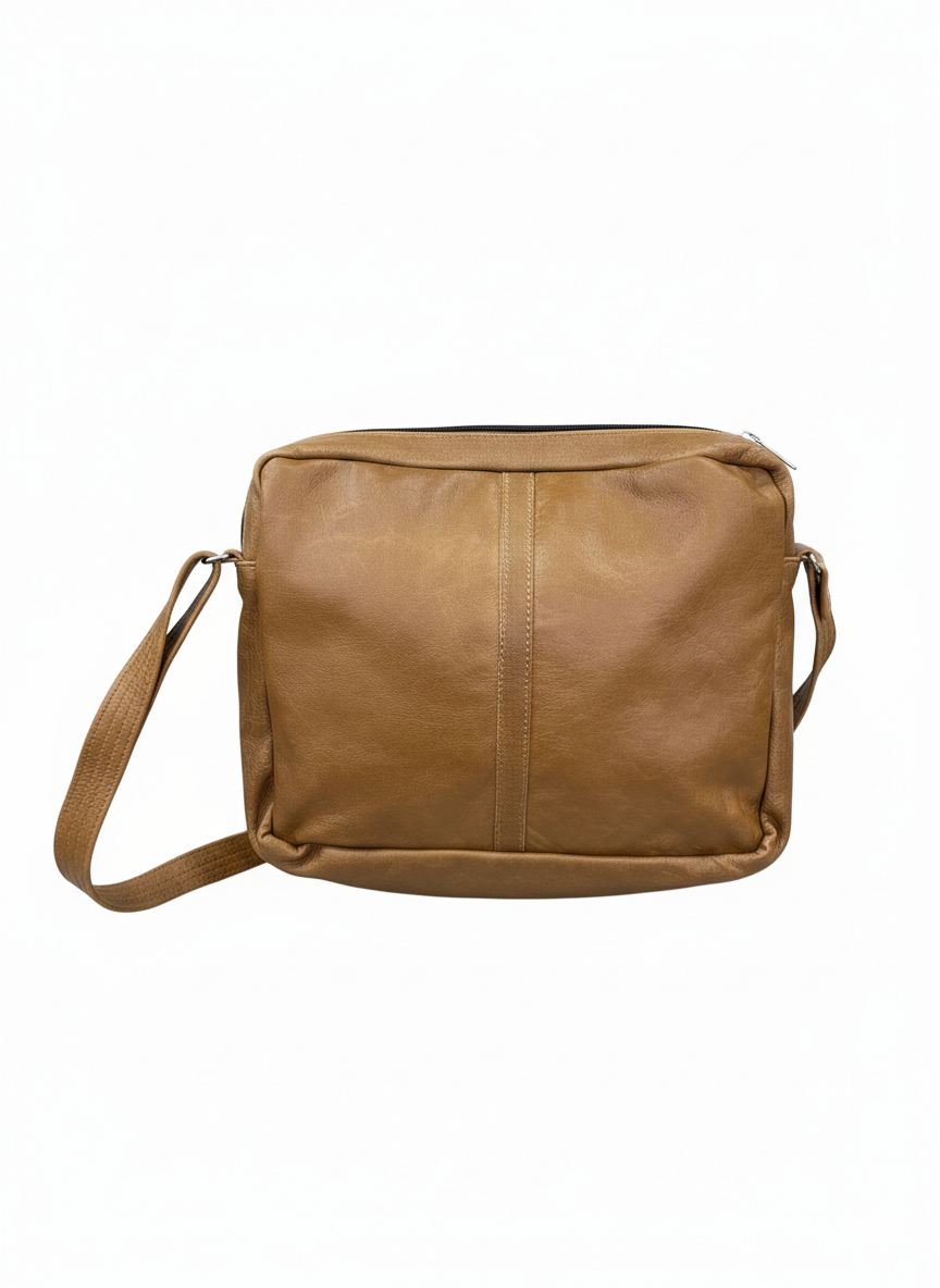 ZUVA Tan Genuine Leather 15.6 inch Laptop Bag with 3 Front Pockets – Work & Office Briefcase