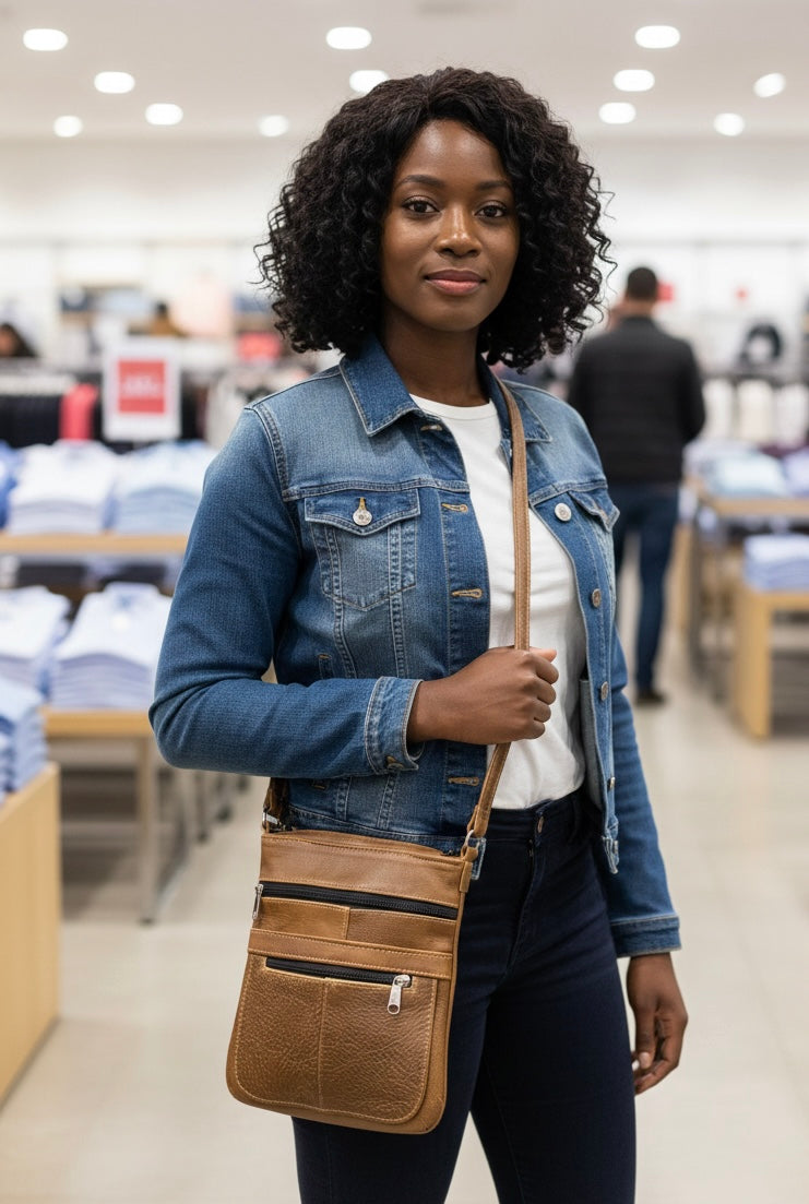 ZUVA Brown Leather Sling Bag for Men and Women | Compact Crossbody Bag