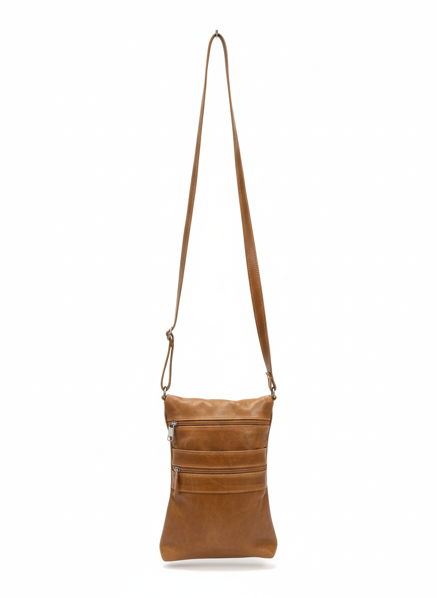 ZUVA Genuine Leather Crossbody Bag with Front Zip Pockets & Adjustable Strap