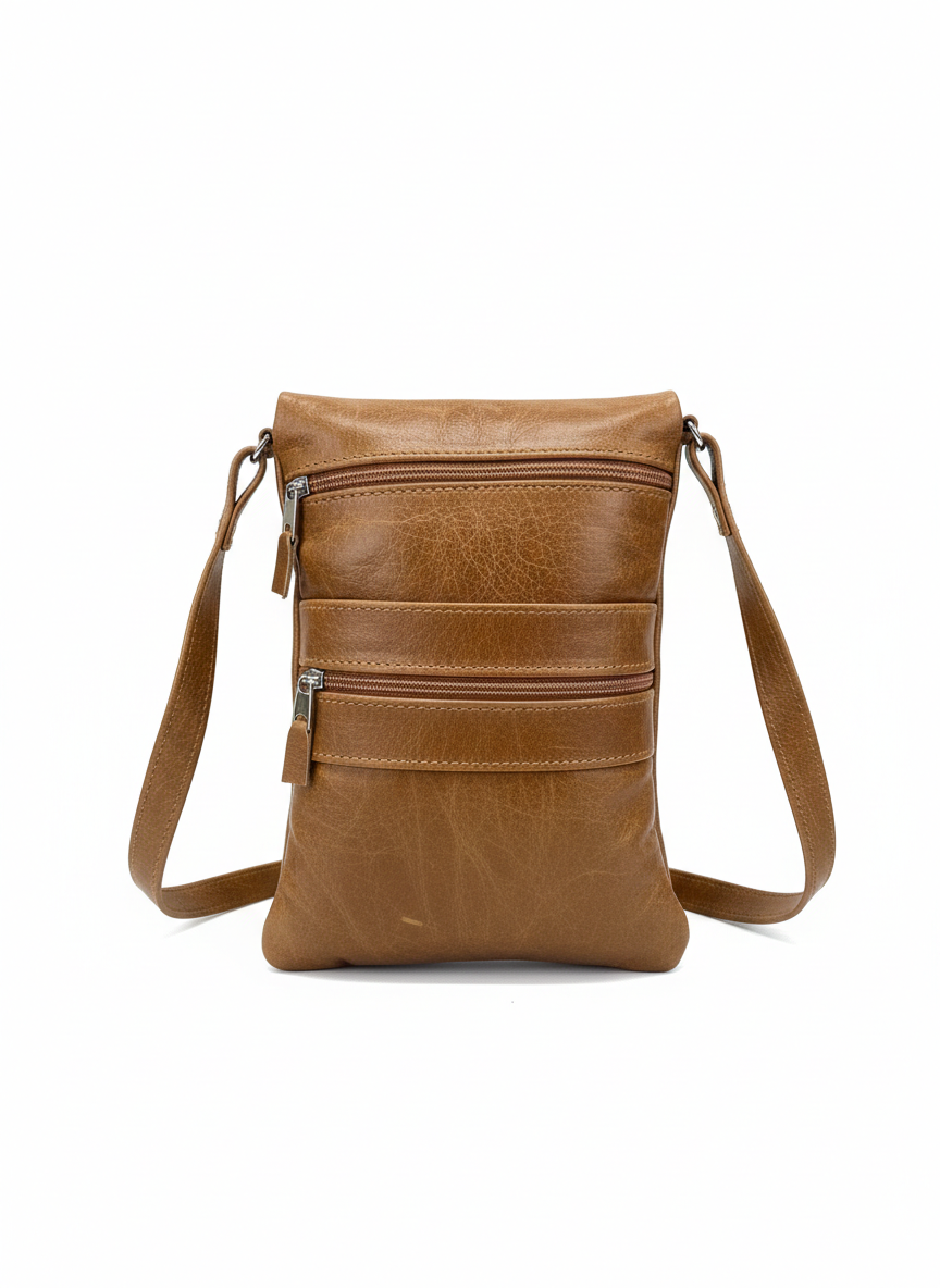 ZUVA Genuine Leather Crossbody Bag with Front Zip Pockets & Adjustable Strap