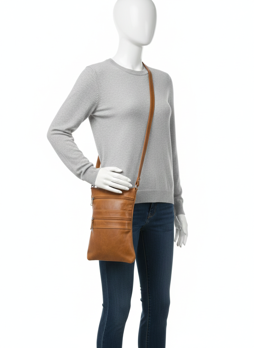 ZUVA Genuine Leather Crossbody Bag with Front Zip Pockets & Adjustable Strap