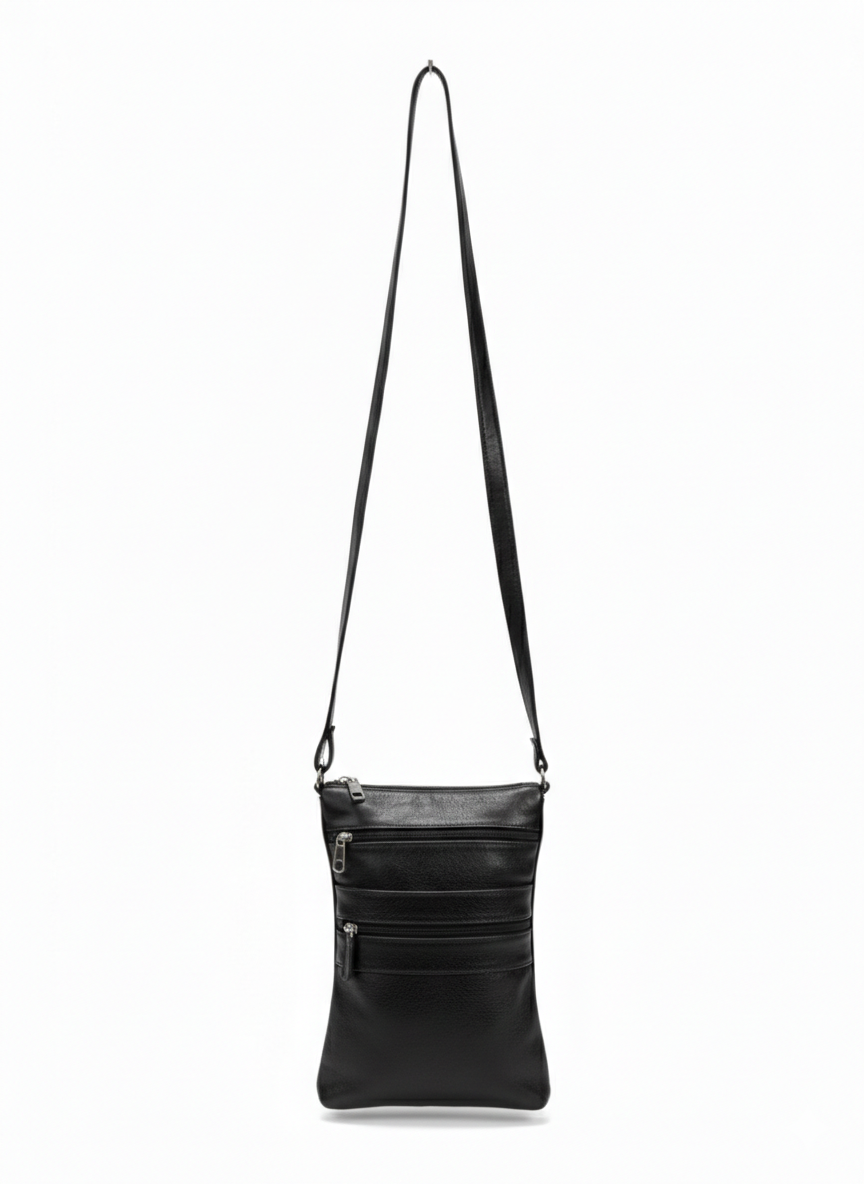 ZUVA Genuine Leather Crossbody Bag with Front Zip Pockets & Adjustable Strap