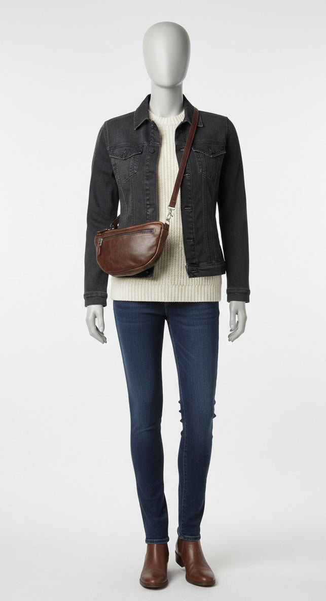 ZUVA Small Half Moon Leather Crossbody Bag with Adjustable Strap – Black or Brown