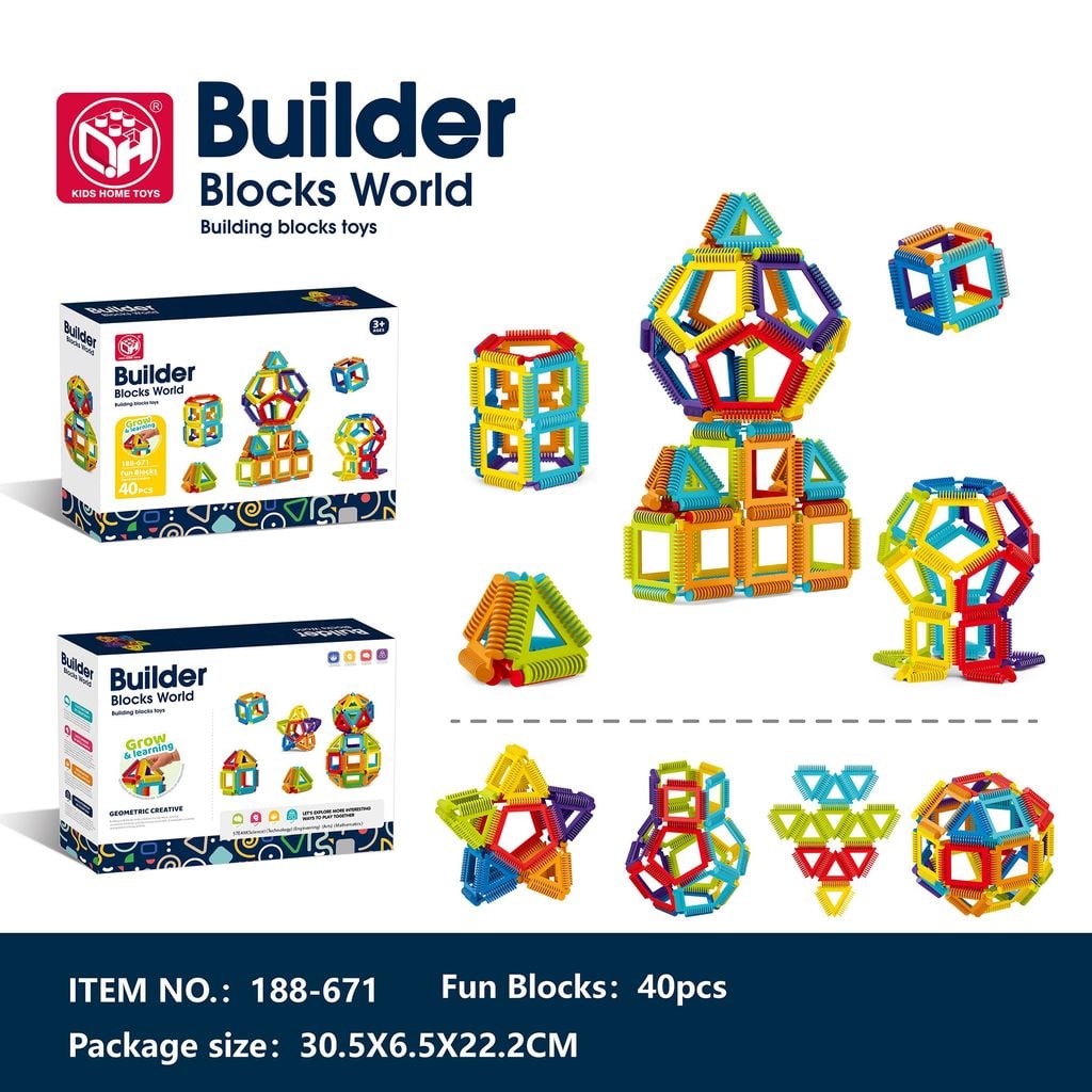 Builder Blocks World STEM Construction Toy Set – 40 Pieces for Creative 2D & 3D Building