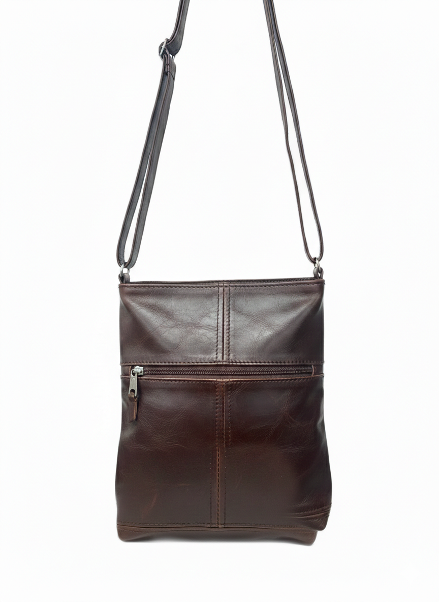 ZUVA Leather Crossbody Bag with Front Zip Pocket – Genuine Leather Everyday Sling (20 x 26 cm)