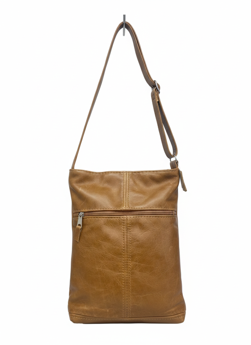 ZUVA Leather Crossbody Bag with Front Zip Pocket – Genuine Leather Everyday Sling (20 x 26 cm)