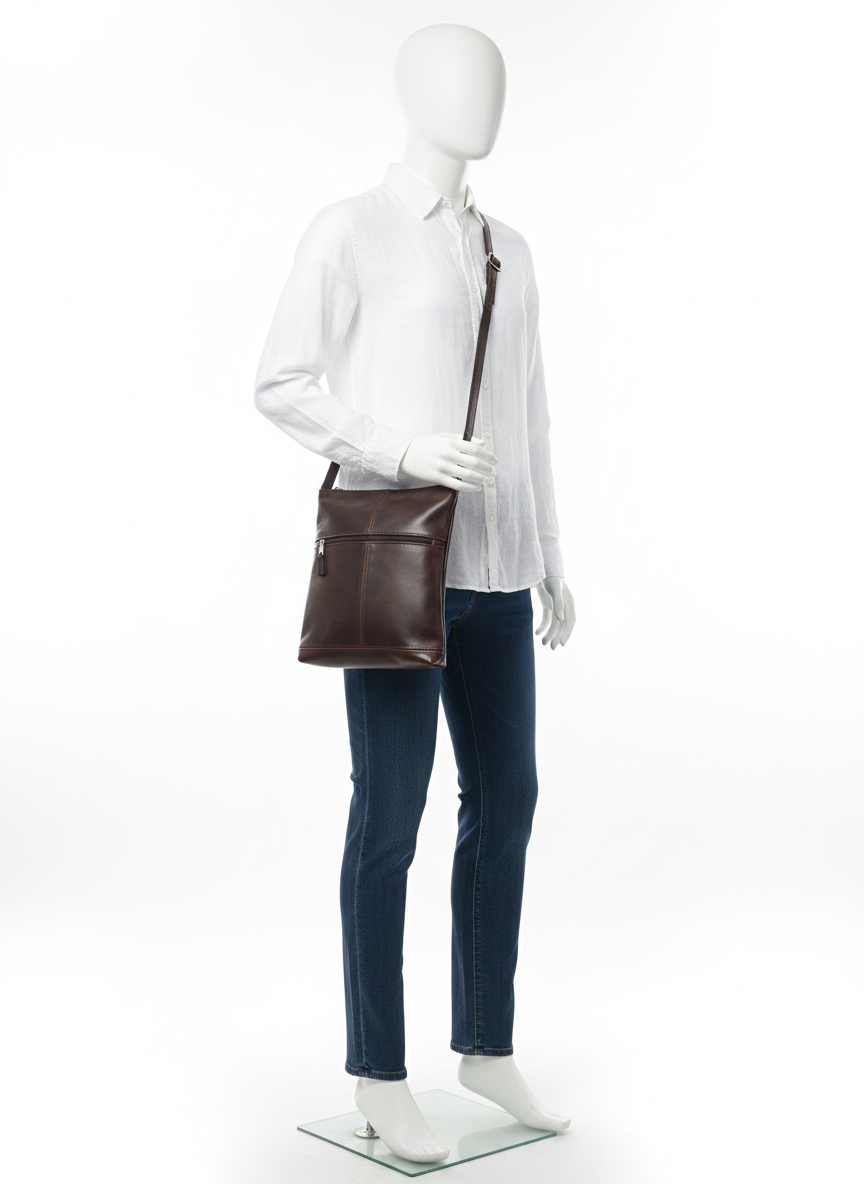 ZUVA Leather Crossbody Bag with Front Zip Pocket – Genuine Leather Everyday Sling (20 x 26 cm)