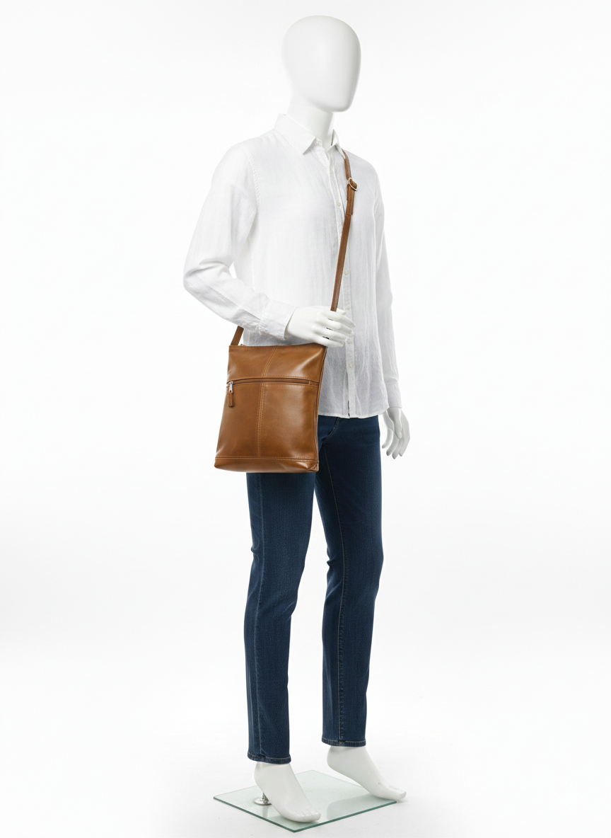 ZUVA Leather Crossbody Bag with Front Zip Pocket – Genuine Leather Everyday Sling (20 x 26 cm)