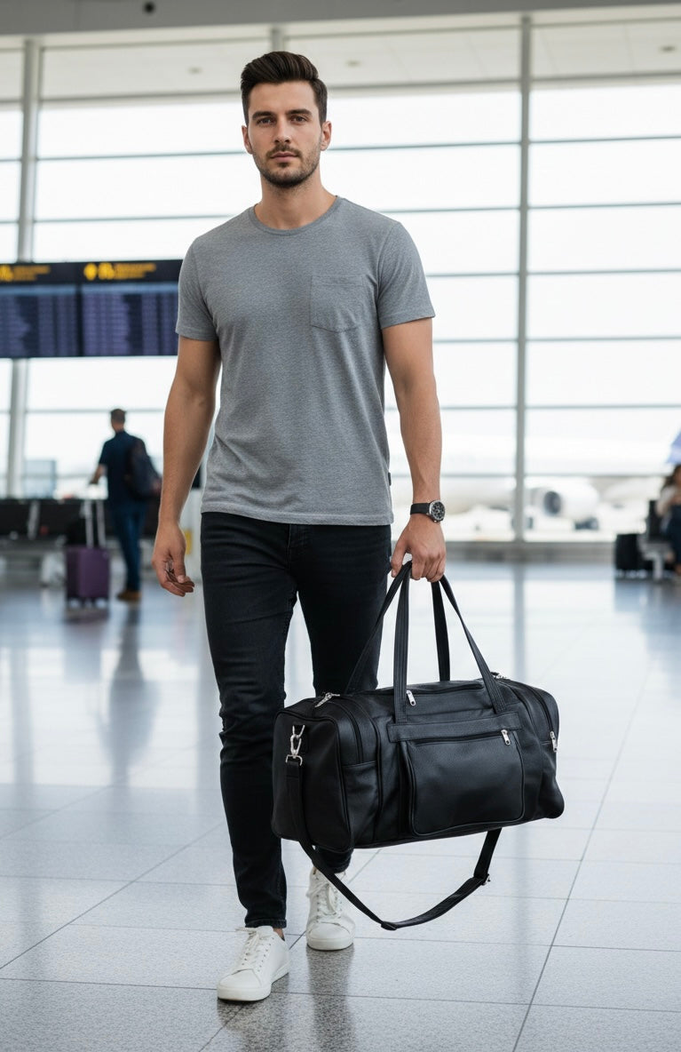 ZUVA Genuine Black Leather Duffel Bag – 20L Travel & Gym Bag