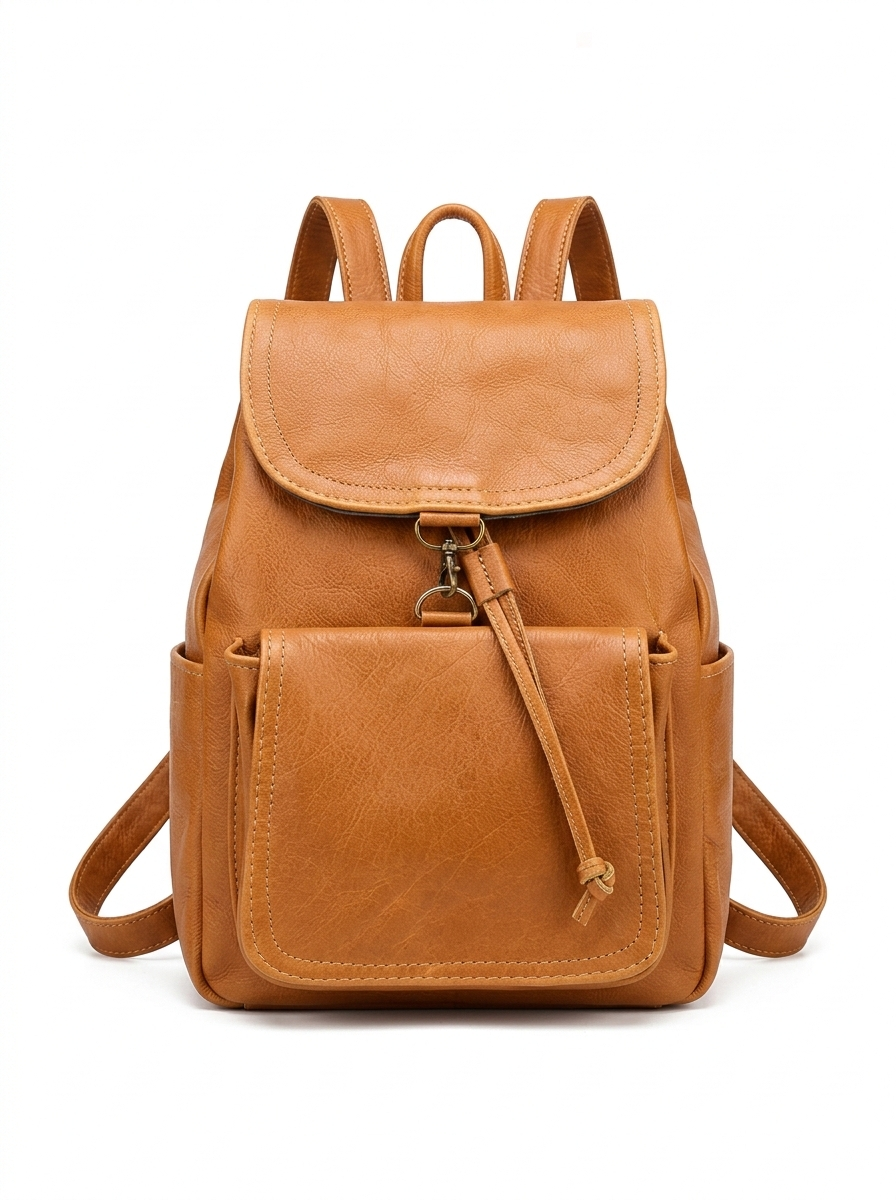 Brown Genuine Leather Backpack – Drawstring Closure with Clip Flap Design