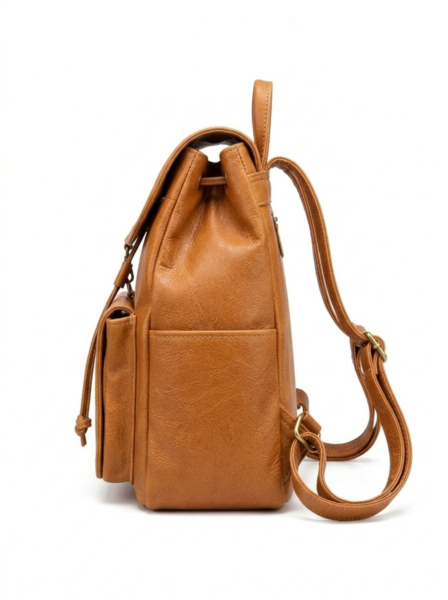Brown Genuine Leather Backpack – Drawstring Closure with Clip Flap Design