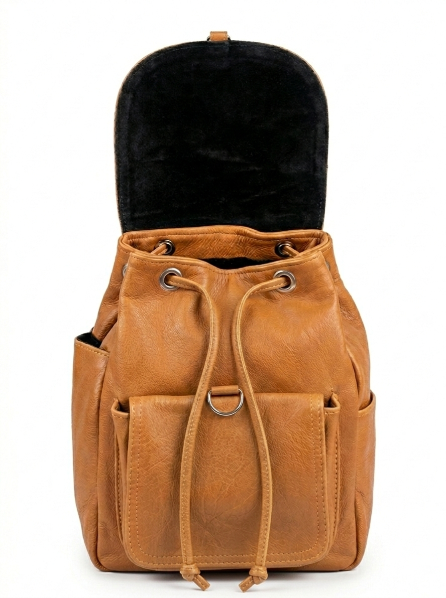Brown Genuine Leather Backpack – Drawstring Closure with Clip Flap Design