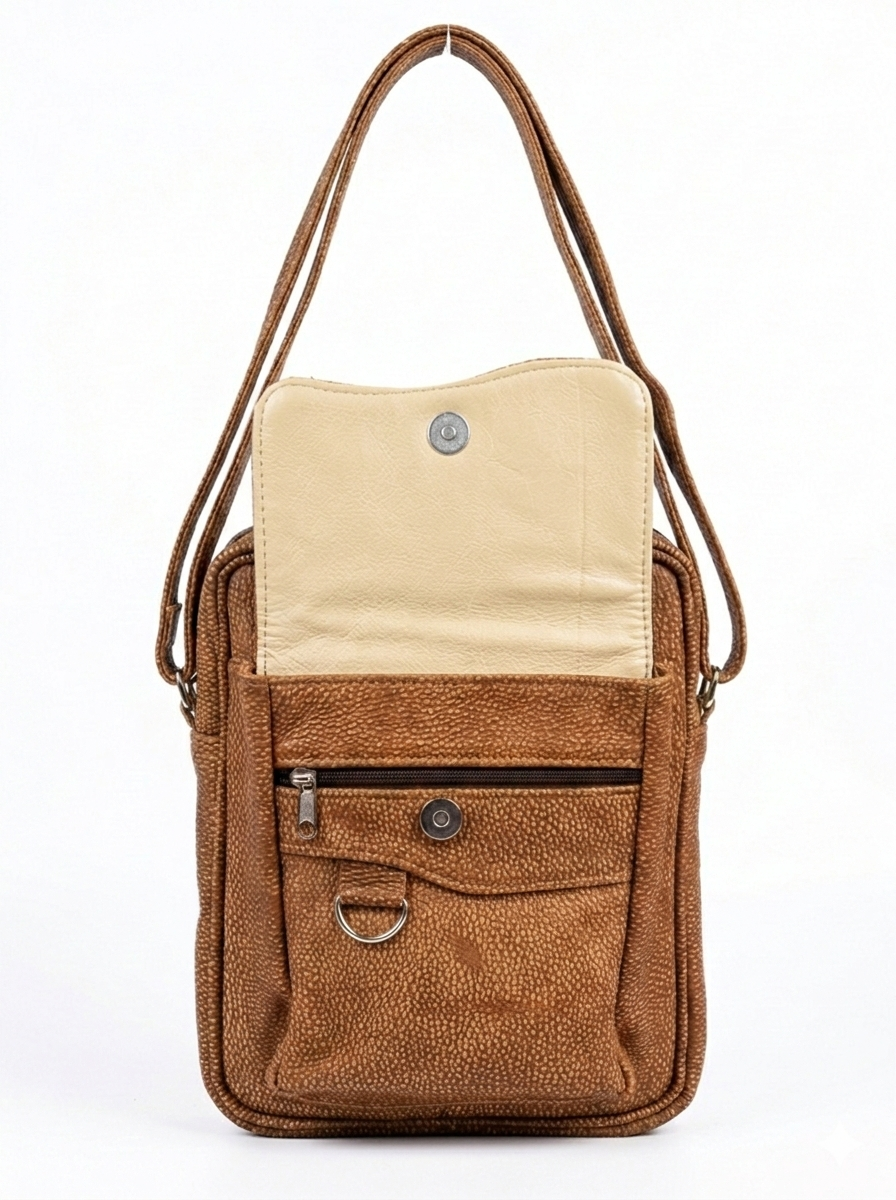 Brown Genuine Leather Sling Bag – 4 Compartment Crossbody with Adjustable Strap