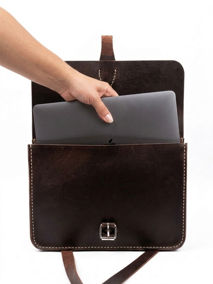 Genuine Leather Laptop Bag for small Laptop – Brown Leather Messenger & Sling Bag for Work and Travel
