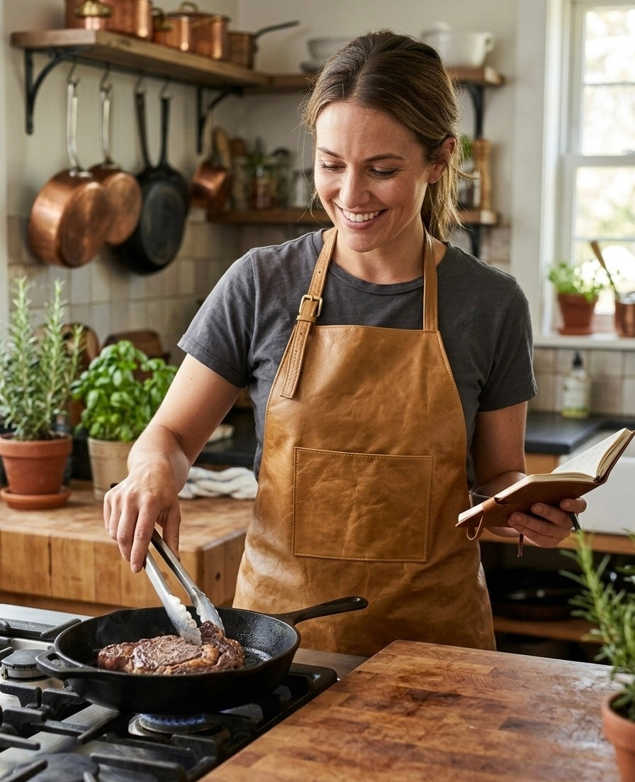 Dark Brown Leather Apron with Front Pocket – Durable Chef, Barista & Workshop Apron