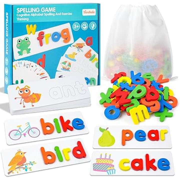 Wooden Alphabet Spelling Game - Letter Blocks & Double-Sided Flashcards