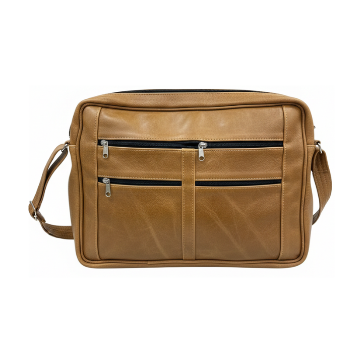 ZUVA Tan Genuine Leather 15.6 inch Laptop Bag with 3 Front Pockets – Work & Office Briefcase
