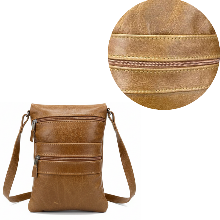 ZUVA Genuine Leather Crossbody Bag with Front Zip Pockets & Adjustable Strap