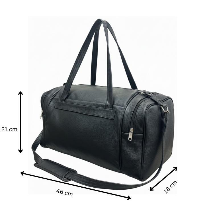 ZUVA Genuine Black Leather Duffel Bag – 20L Travel & Gym Bag