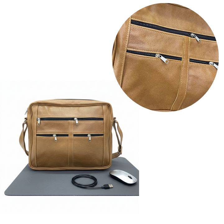 ZUVA Tan Genuine Leather 15.6 inch Laptop Bag with 3 Front Pockets – Work & Office Briefcase