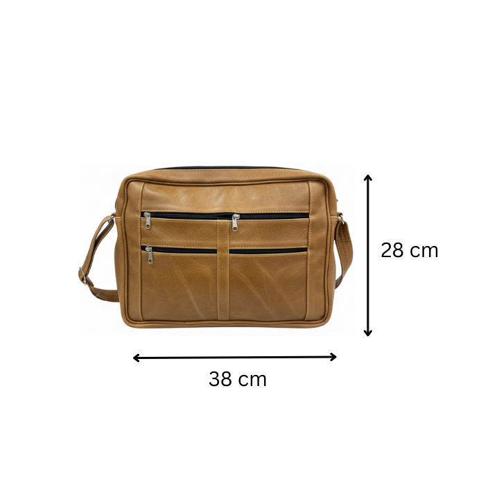 ZUVA Tan Genuine Leather 15.6 inch Laptop Bag with 3 Front Pockets – Work & Office Briefcase